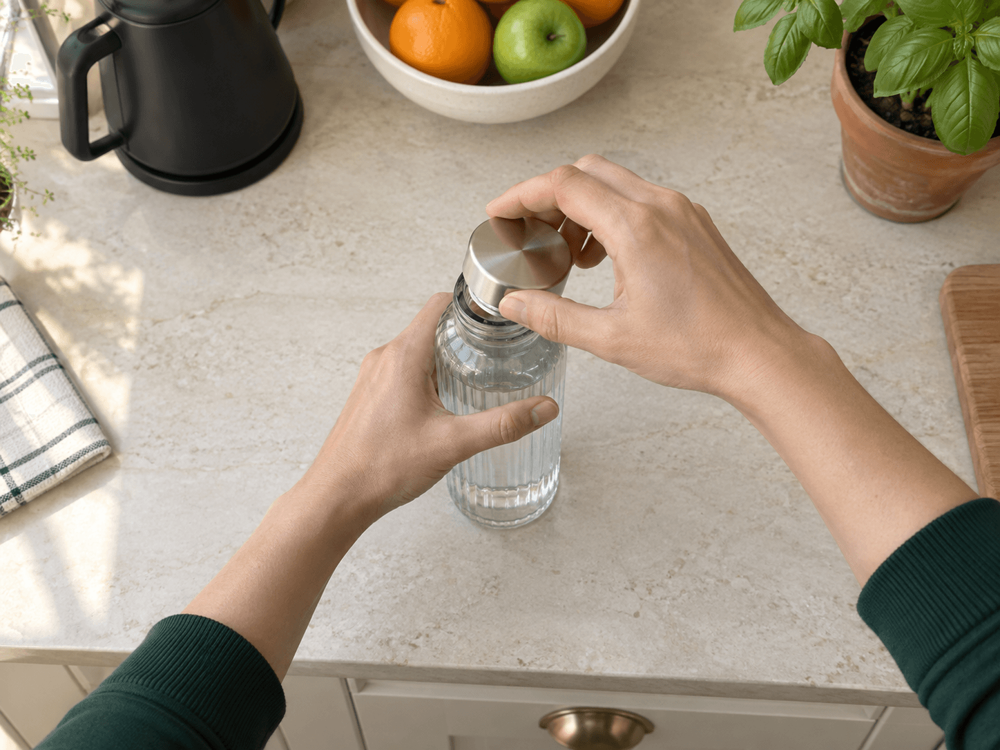 High-angle view of two hands unscrewing a bottle cap on a kitchen counter