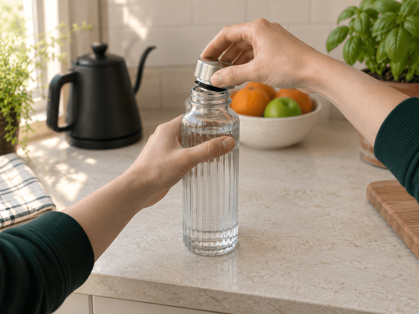 Side view at counter height of hands opening a glass bottle